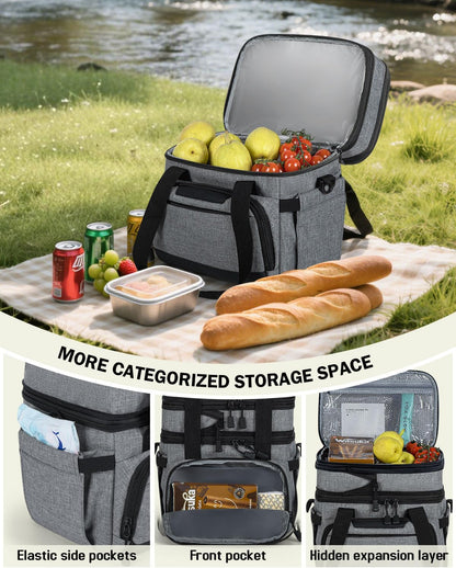 Skiennix Insulated Lunch Box - Dual-Compartment Cooler Bag for Adults | Expandable & Leakproof, Grey 24-Can (14L)