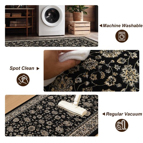 XWZO Runner Rug 2x6ft, Washable Hallway Runner with Non-Slip Backing, Spill Stain Resistant Floor Mat for Entryway Corridor Bedroom Kitchen Farmhouse, Soft Low-Pile Area Carpet, Black