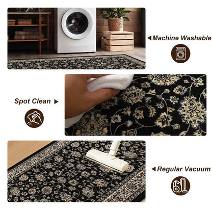 XWZO Runner Rug 2x6ft, Washable Hallway Runner with Non-Slip Backing, Spill Stain Resistant Floor Mat for Entryway Corridor Bedroom Kitchen Farmhouse, Soft Low-Pile Area Carpet, Black