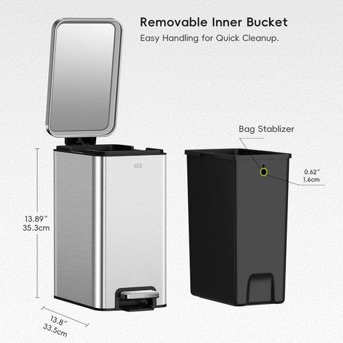 EKO Small Bathroom Trash Can - 10 Liter Stainless Steel with Soft Close Lid & Step Pedal | Anti-Fingerprint Finish