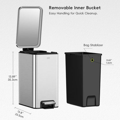 EKO Small Bathroom Trash Can - 10 Liter Stainless Steel with Soft Close Lid & Step Pedal | Anti-Fingerprint Finish