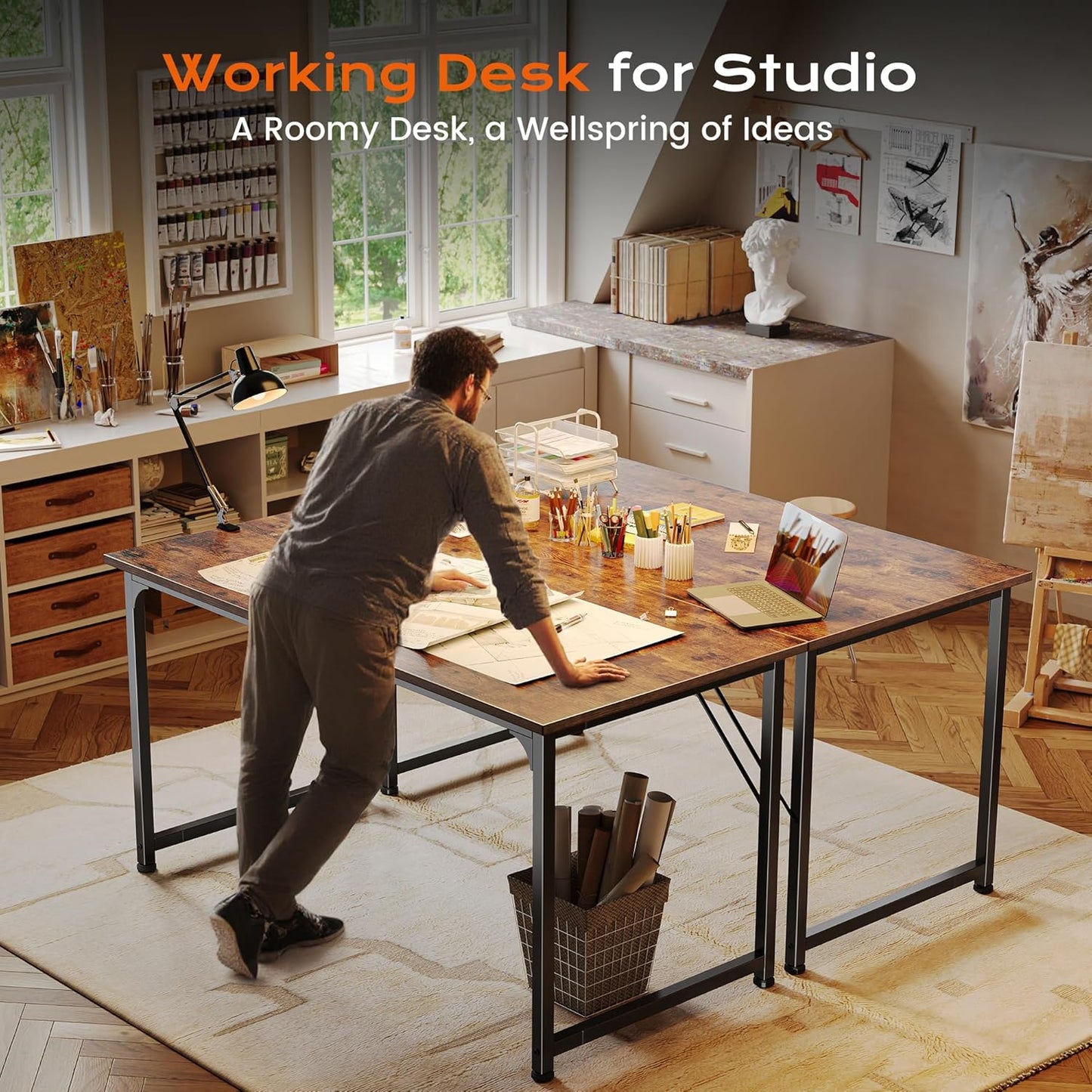 PRAISUN Computer Desk - 47" x 24" Gaming & Office Writing Desk with Rustic Brown Finish