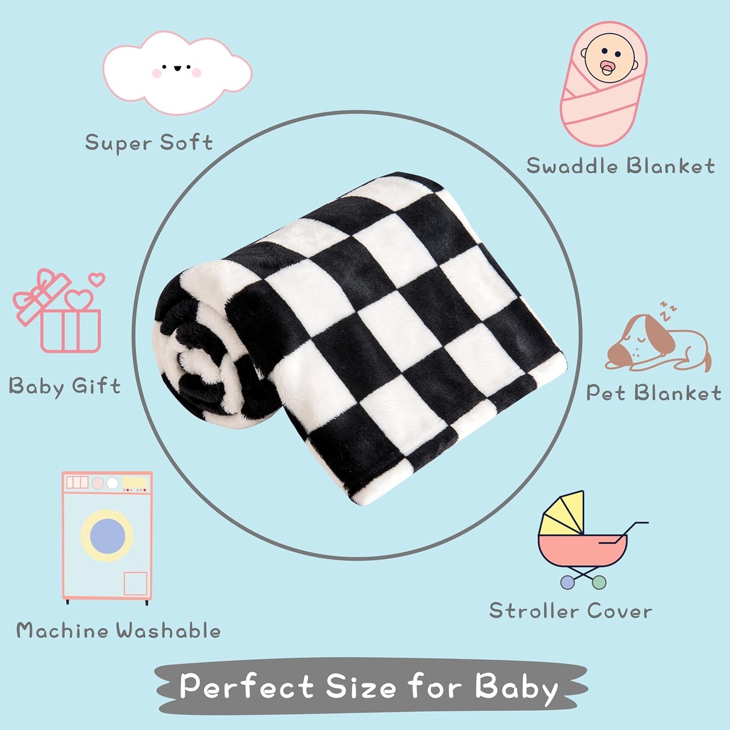 Yurhap Checkered Baby Blanket - Ultra Soft Fleece for Boys & Girls | Cozy 30''x40'' Crib & Stroller Blanket in Black