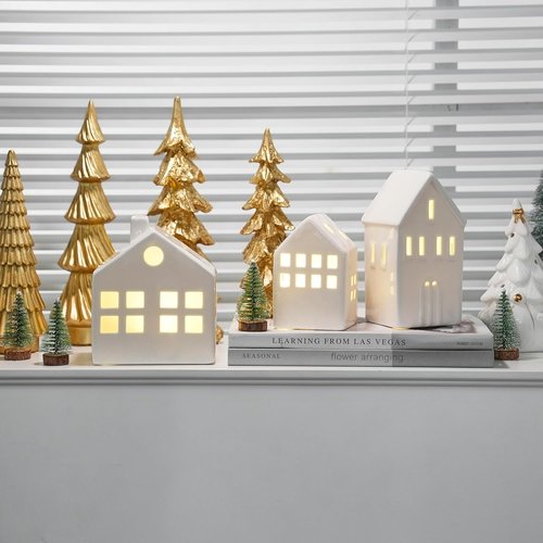 **Ceramic Christmas Village Houses - 3-Piece Light Up Winter Decor Set with Trees | Tabletop Centerpiece**