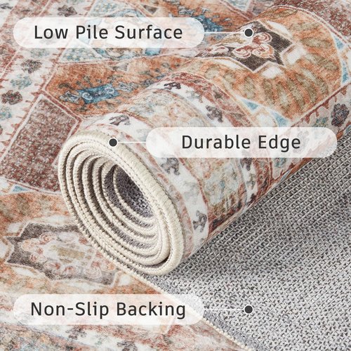 DCX Washable 8x10 Area Rug, Soft Machine Washable Non Slip with Rubber Backing Vintage Rug, Kid & Pet Friendly Living Room Area Rugs 8x10, Foldable Rugs for Bedroom Dining Room Office-Brown