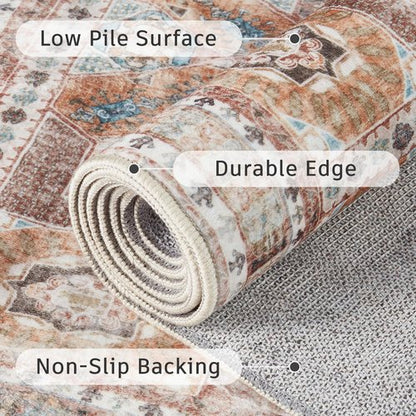 DCX Washable 8x10 Area Rug, Soft Machine Washable Non Slip with Rubber Backing Vintage Rug, Kid & Pet Friendly Living Room Area Rugs 8x10, Foldable Rugs for Bedroom Dining Room Office-Brown