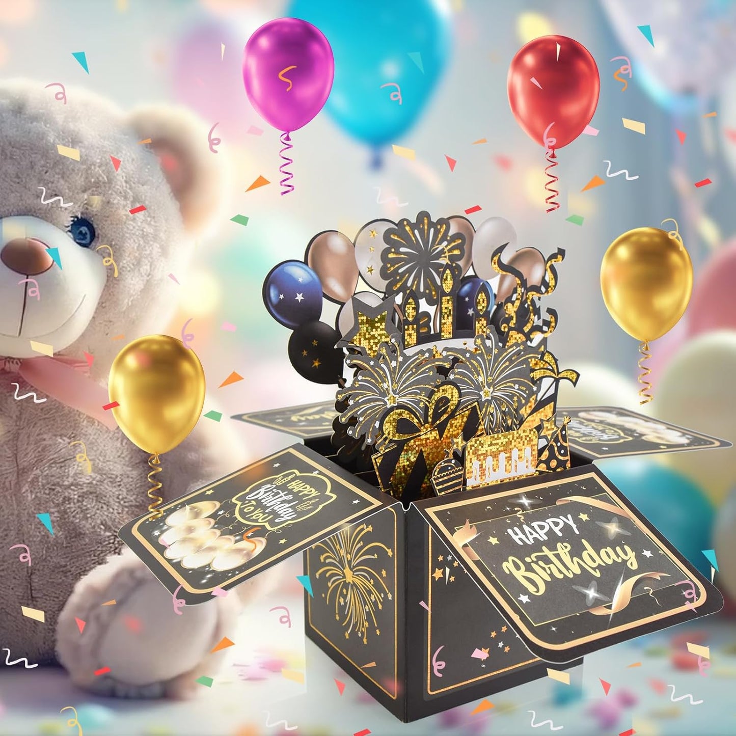 Surprise Pop Up Birthday Cards - Unique 3D Handmade Greeting Card for Adults & Kids | Black