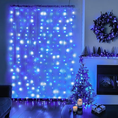 JMEXSUSS 300LED Christmas Curtain Lights - Blue & White Indoor/Outdoor Fairy Lights | 8 Modes, 9.8x9.8ft Decor