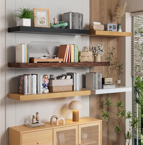 Heimlove 12" Deep Black Floating Shelves - Set of 2 Wall-Mounted Storage for Living Room, Bathroom & Office