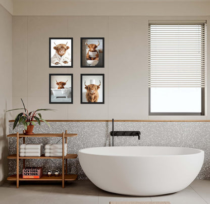 ZXDZSM Highland Cow Wall Art - Funny Bathroom Decor Canvas Prints | Farmhouse Style | 8x10 Inch, Set of 4