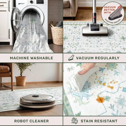 Hazo Haus Washable Rugs - Vintage Boho Floral Design | Blue & Green 3x6 Non-Slip Accent Rug