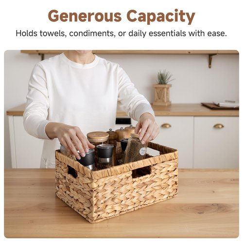 StorageWorks Large Rectangular Wicker Basket, Water Hyacinth Storage Basket with Built-in Handles, 1 Pack