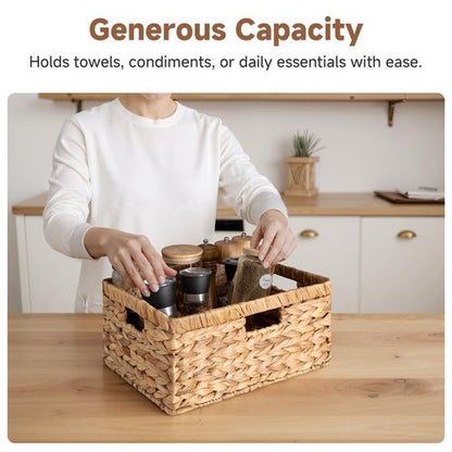 StorageWorks Large Rectangular Wicker Basket, Water Hyacinth Storage Basket with Built-in Handles, 1 Pack
