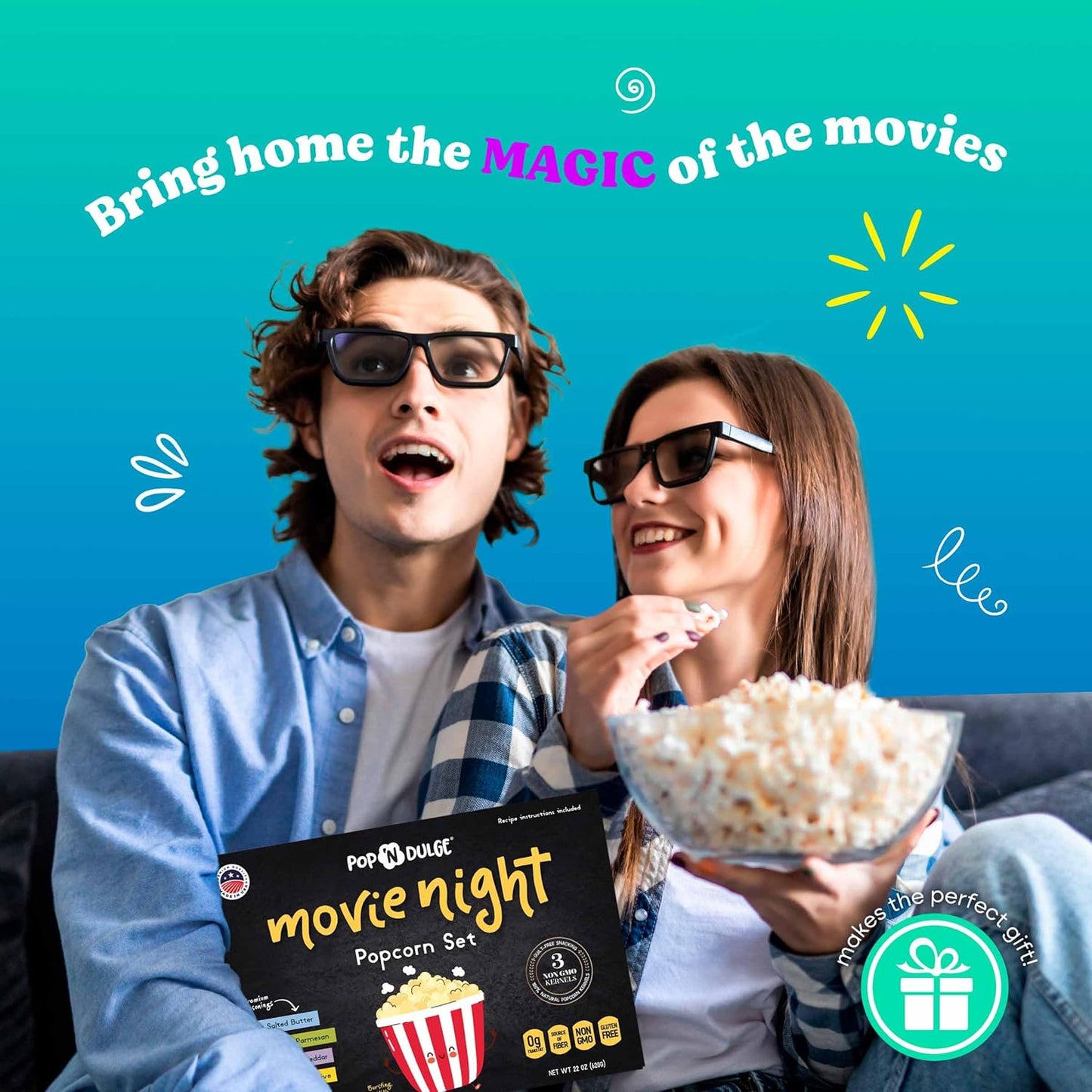 Pop n' Dulge Gourmet Popcorn Gift Set - 16 Pcs with 5 Non-GMO Kernels & Seasoning Packs | Perfect for Movie Nights & Housewarming Gifts