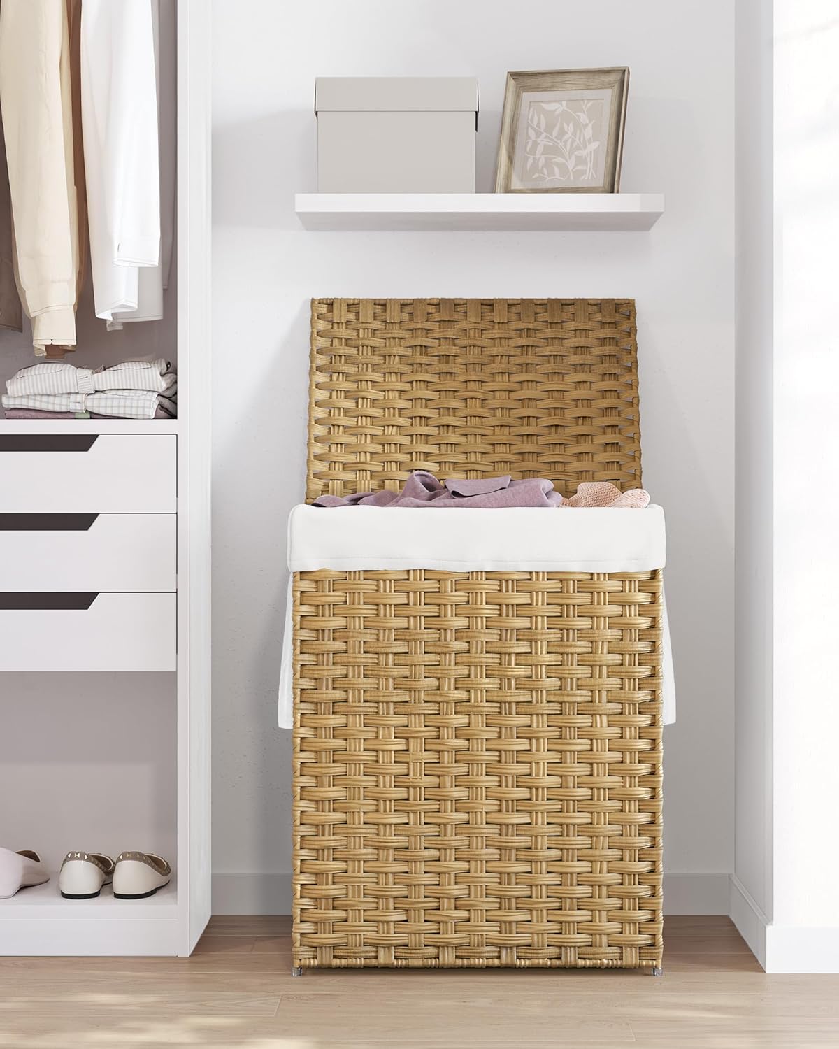 SONGMICS Laundry Hamper - 23.8 Gallon Synthetic Rattan Basket with Lid & Handles | Goose Yellow, Foldable