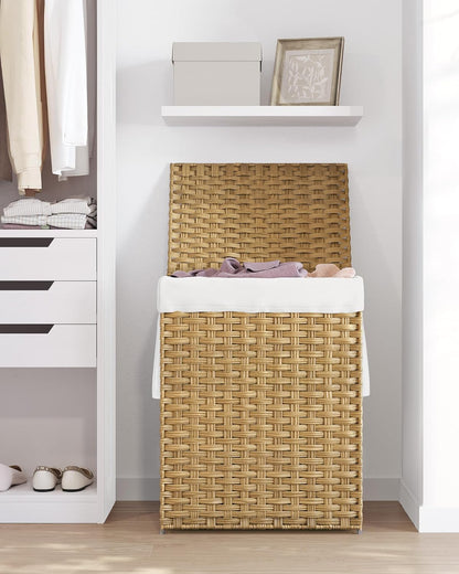 SONGMICS Laundry Hamper - 23.8 Gallon Synthetic Rattan Basket with Lid & Handles | Goose Yellow, Foldable