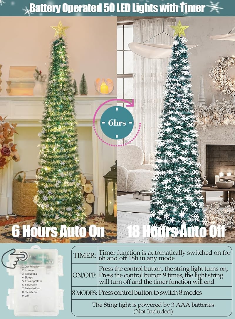 5 ft Pop Up Christmas Tree with Lights – Collapsible Tinsel Pencil Tree with Snowflake Ornaments