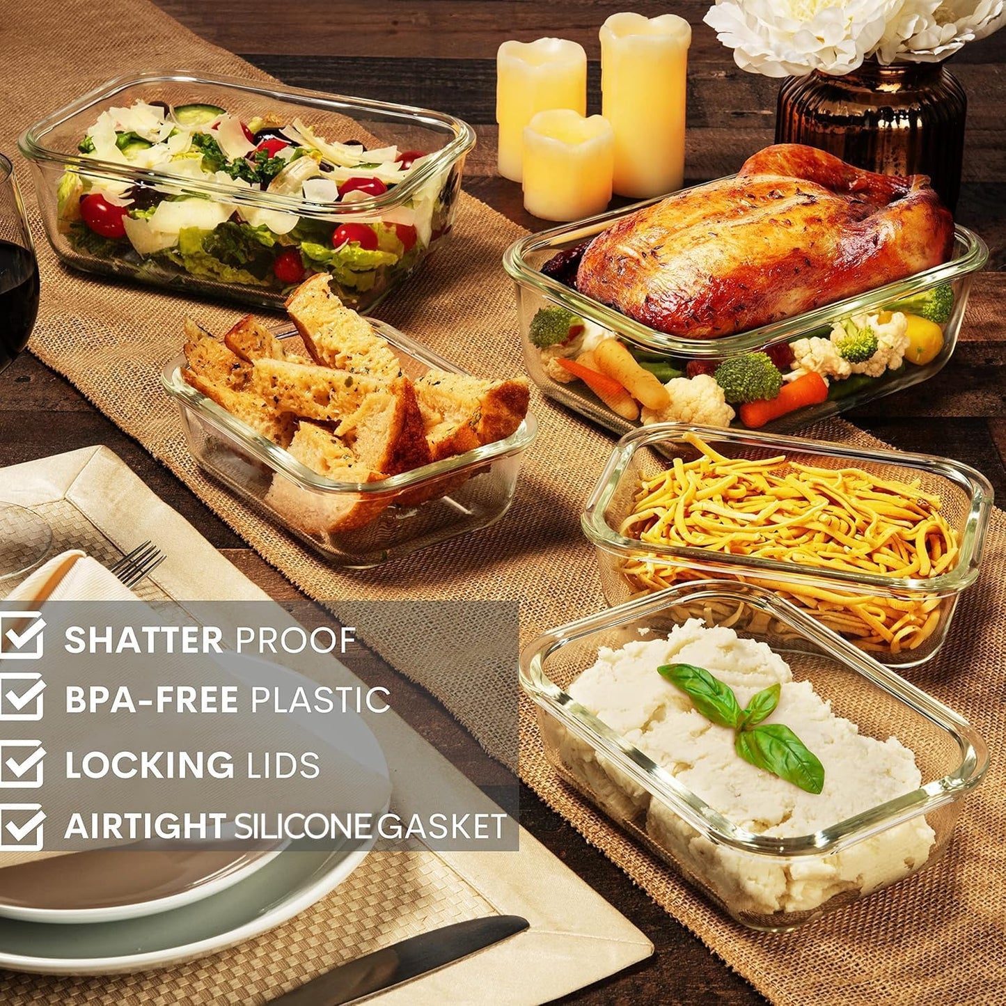 Razab Airtight Large Glass Food Storage Containers - BPA Free, Leak Proof, 4 Pc Set (2700ML & 1520ML)