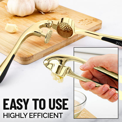 Zulay Kitchen Premium Garlic Press with Soft, Easy to Squeeze Handle - Includes Silicone Garlic Peeler & Cleaning Brush - 3 Piece Garlic Mincer Tool - Sturdy Easy to Clean Garlic Crusher (Gold)