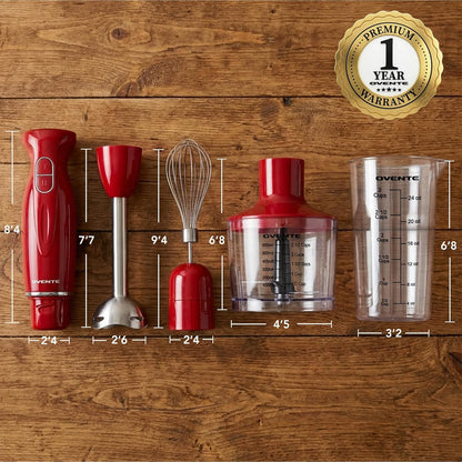 OVENTE Immersion Hand Blender Set - 300W Electric Stick Mixer with Stainless Steel Blades & Accessories, Red HS565R
