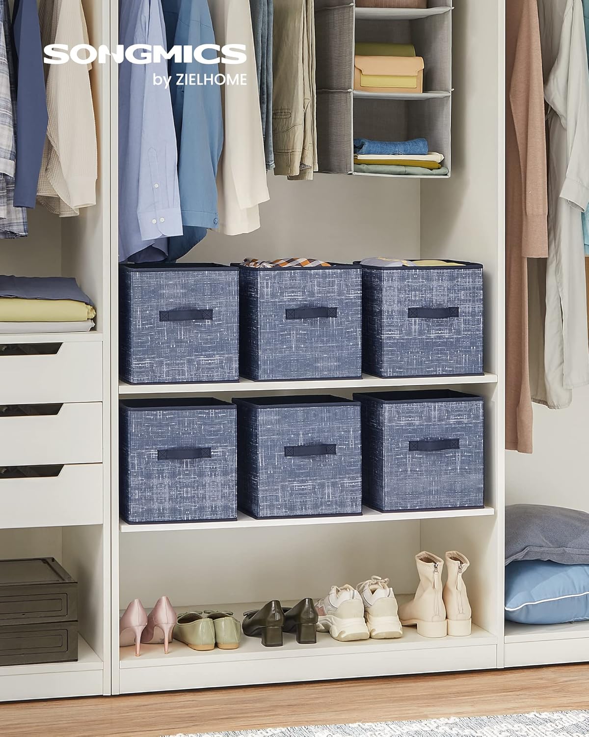 SONGMICS Storage Cubes - 11-Inch Non-Woven Fabric Bins | Set of 6 Foldable Closet Organizers in Misty Blue