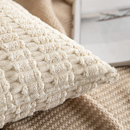 MIULEE Corduroy Decorative Throw Pillow Covers - Soft Boho Striped 12x12 Inch | Modern Farmhouse Home Decor in Cream White