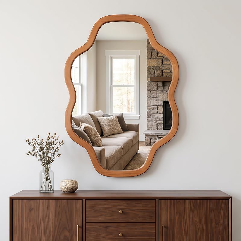 Cloud-Shaped Wall Mirror 20x30 in with Solid Wood Frame, Tempered Glass, Irregular Silhouette - Yellowish-Brown