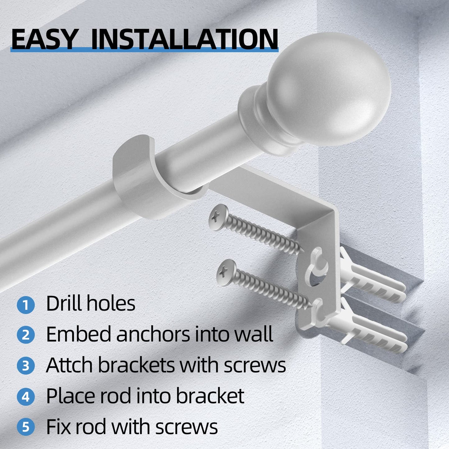 Silver Curtain Rods for Windows 28 to 48 Inch,5/8 Inch Diameter Drapery Rods with Brackets Heavy Duty Curtain Rods for Bedroom