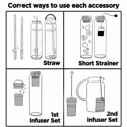 ameiin 32oz Borosilicate Glass Water Bottle with Bamboo Lid and 2 Tea Infuser Sets for Fruit Infused Water and Cold Brew Coffee - Tea Strainer for Loose Leaf Tea (Flower)