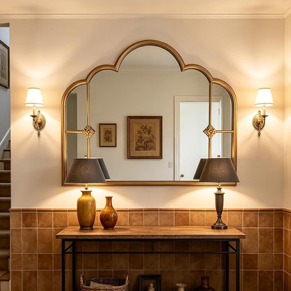 Gold Scalloped Wall Mirror - 33.85 x 25.59 in - Three-Section Vintage Frame
