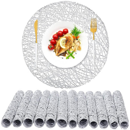 Sieral 24-Pack 15-Inch Silver Round Placemats with Hollow-Out Vinyl Pattern - Variation: Silver+24