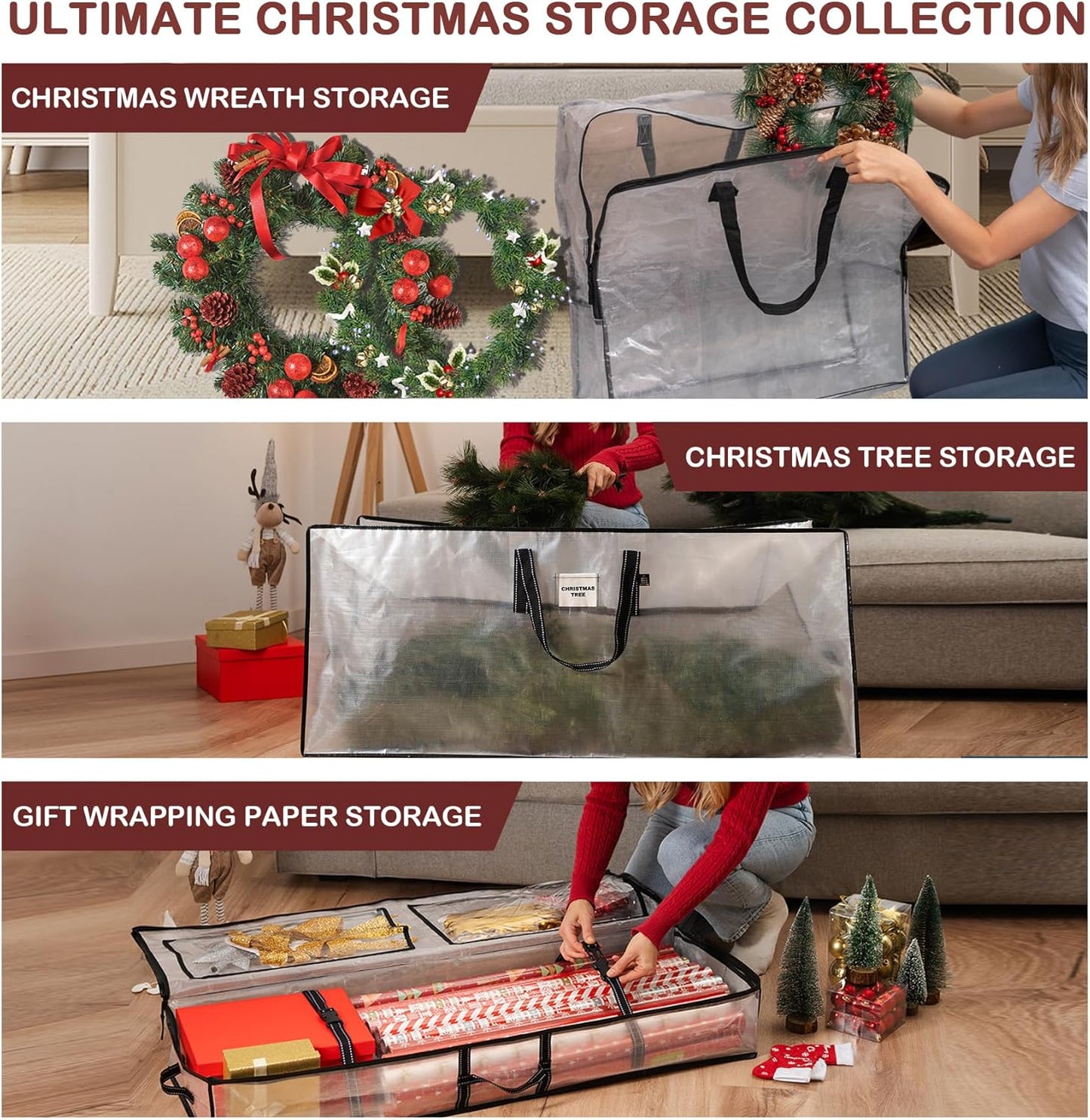VENO Clear Christmas Wreath & Tree Storage Bags - 6 Pack for Wreaths, Tree & Wrapping Paper