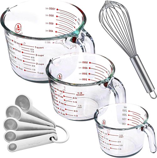 Le'raze Glass Measuring Cups Set - 3-Piece Kitchen Bakeware with Measuring Spoons & Whisk | Clear, Multi-Size