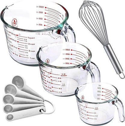 Le'raze Glass Measuring Cups Set - 3-Piece Kitchen Bakeware with Measuring Spoons & Whisk | Clear, Multi-Size