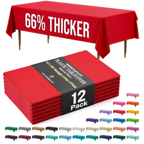 Exquisite 66% Thicker Premium Plastic Table Cloth Rectangle Table Cover 0.5 Mil 12 Pack Red Table Cloth 54 Inch x 108 Inch Disposable Tablecloth Won't Tear Easily Like Cheap Thin Brands