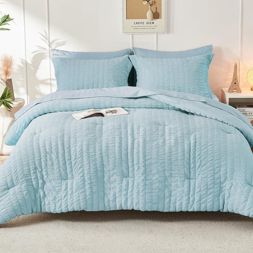 HYMOKEGE Lake Blue King Size Comforter Set Seersucker 7 Pieces, All Season Luxury Bed in a Bag for Bedroom, Bedding Set with Comforters, Sheets, Pillowcases & Shams