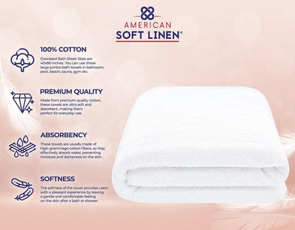 American Soft Linen 100% Cotton 600 GSM Turkish 40x80 Oversized Bath Towel Sheet, Extra Large Adult Towels for Bathroom, White Bath Sheet
