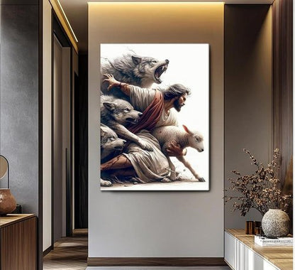 MALEDO Jesus and Lamb Canvas Wall Art - Christian Decor for Living Room & Bedroom | Inspiring Shepherd Painting