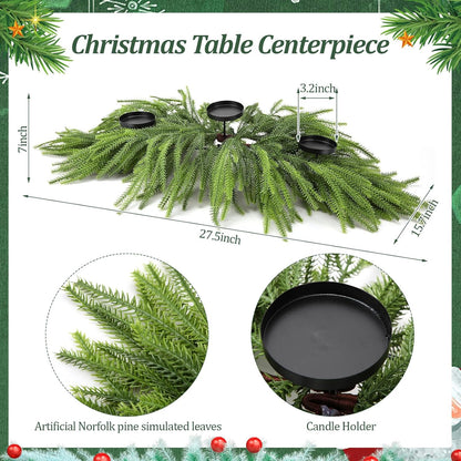 Norfolk Christmas Table Centerpiece - 3 Candle Holders | Pine Needle Holiday Decor for Dining Table