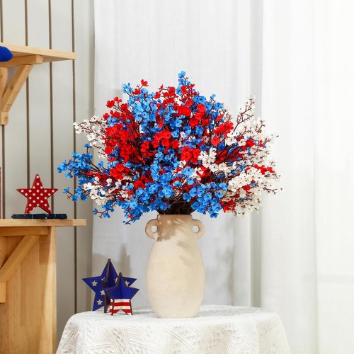 Lyrow Patriotic Artificial Flowers - 24 Pcs Red, Blue & White Table Centerpieces for 4th of July Decor