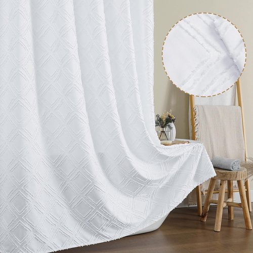 OWENIE White Shower Curtain Set, Jacquard Geometric Textured Fabric Boho Shower Curtains for Bathroom, Soft Hotel Style Farmhouse Shower Curtain Grommet Top 12 Hooks, Machine Washable, 72x72, White