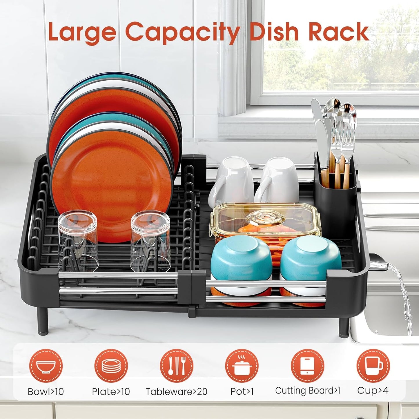 TOOLF Dish Drying Rack - Expandable Kitchen Counter Rack with Drainboard & Cutlery Holder | Black