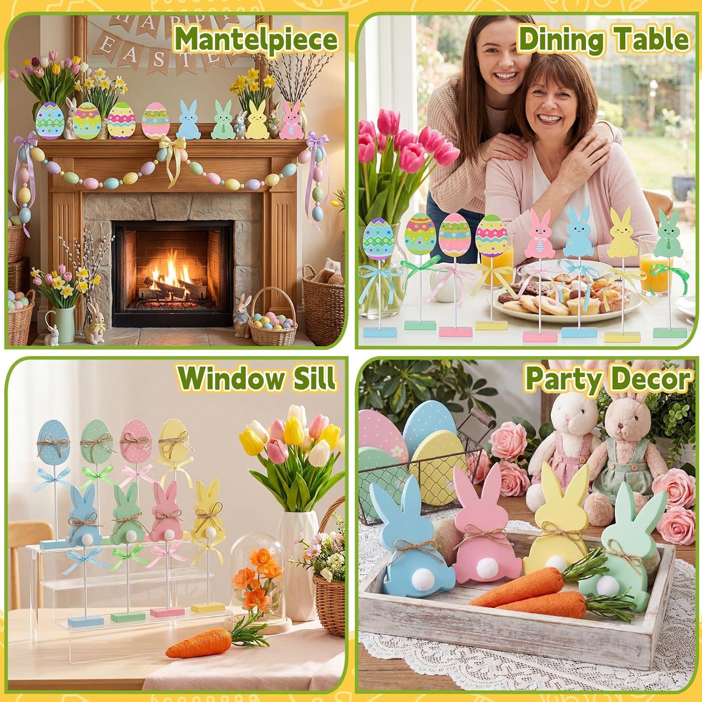 Wooden Bunny & Egg Peeps Signs by Easter Decor | 8 PCS with Hemp Rope Ribbon for Home Decor