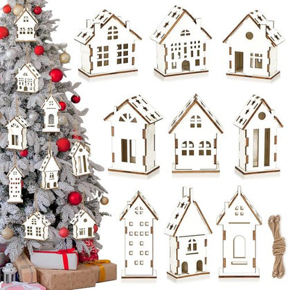 Coume Christmas Wooden Ornaments - 9 Pcs Rustic White House Cutouts for DIY Tree Decorations