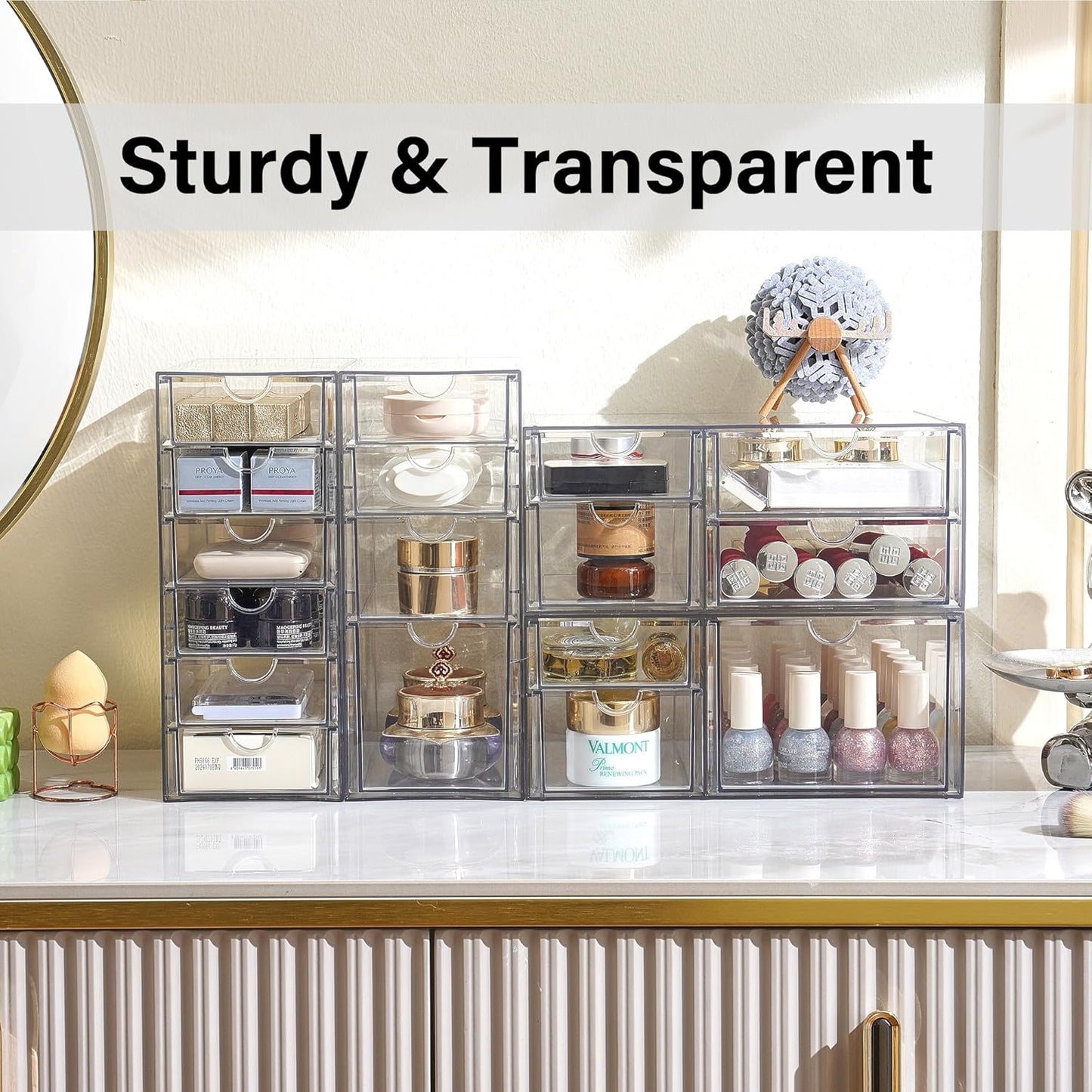 Prsildan Acrylic Drawer Organizer - 17 Drawer Clear Storage Solution for Makeup & Craft Supplies | Set of 4