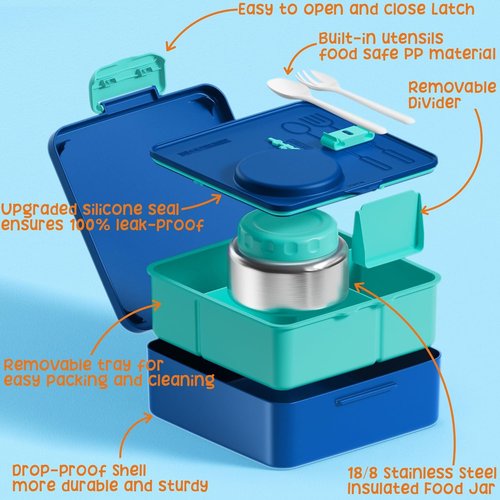 Fimibuke Kids Bento Lunch Box - Leakproof & Insulated Food Jar with Water Bottle | 3-4 Compartment Design
