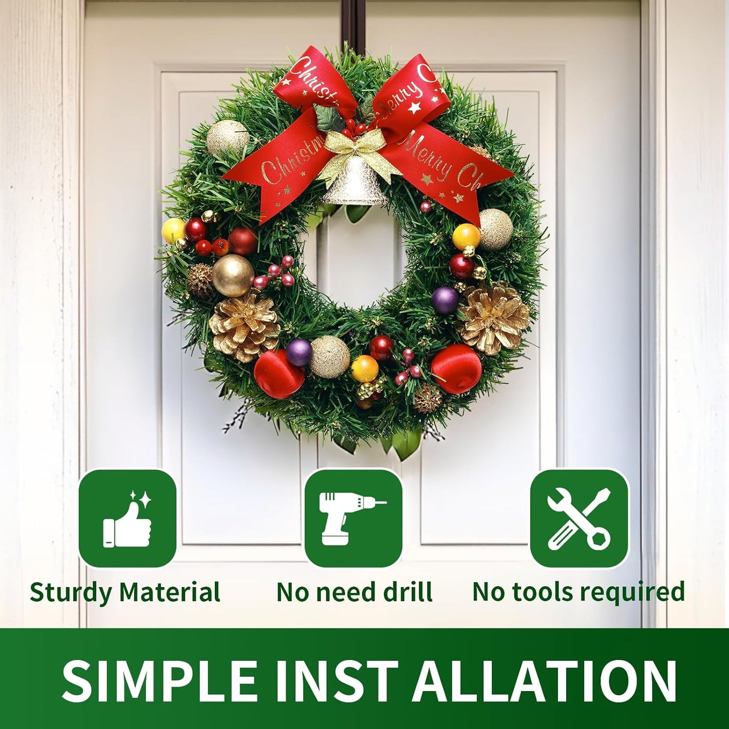 Skiennix Adjustable Metal Wreath Hanger - Holds Up to 20lbs | 12-20" Over The Door Hook for All Seasons (Bronze)