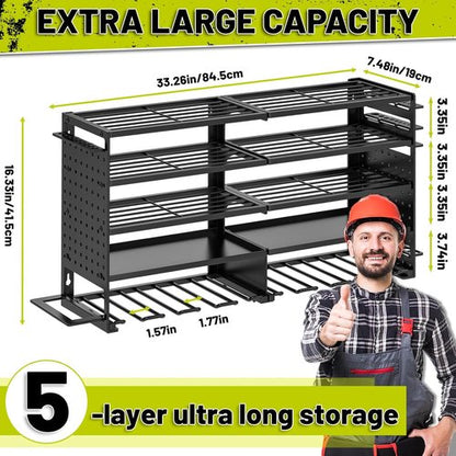 5 Layers Power Tool Organizer - Heavy-Duty Metal Wall Mount Storage Rack with 8 Drill Holders | Black