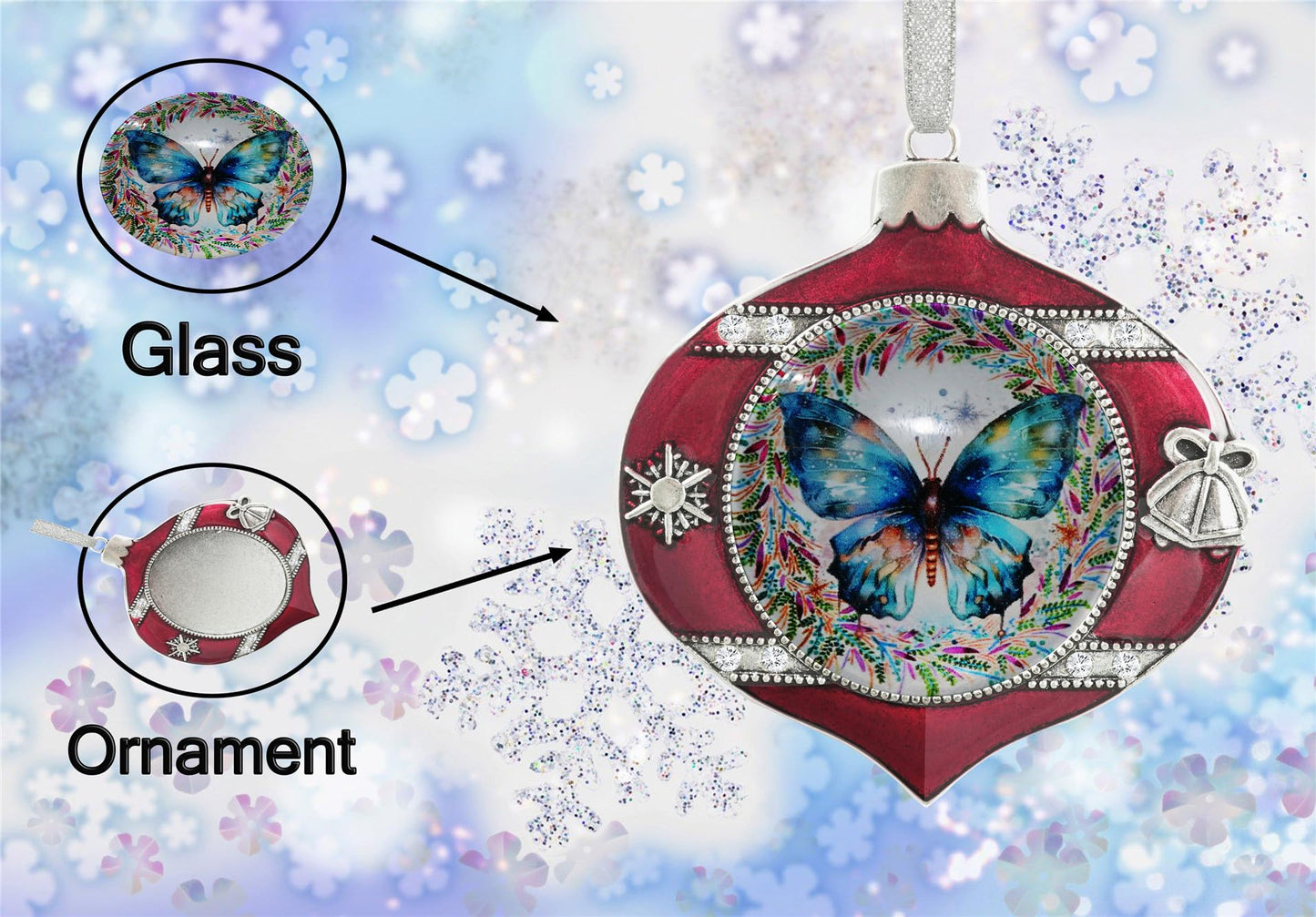 FQJNS Annual Edition Little Butterfly on Christmas Background Christmas Ornament Holidays Ornaments Creative Glass Ornament Christmas Tree Home Decoration