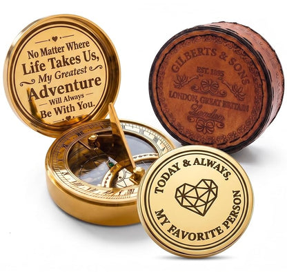 Brass Sundial Clock & Compass Set in Leather Case – Engraved Nautical Gift for Anniversary, Husband & Wife